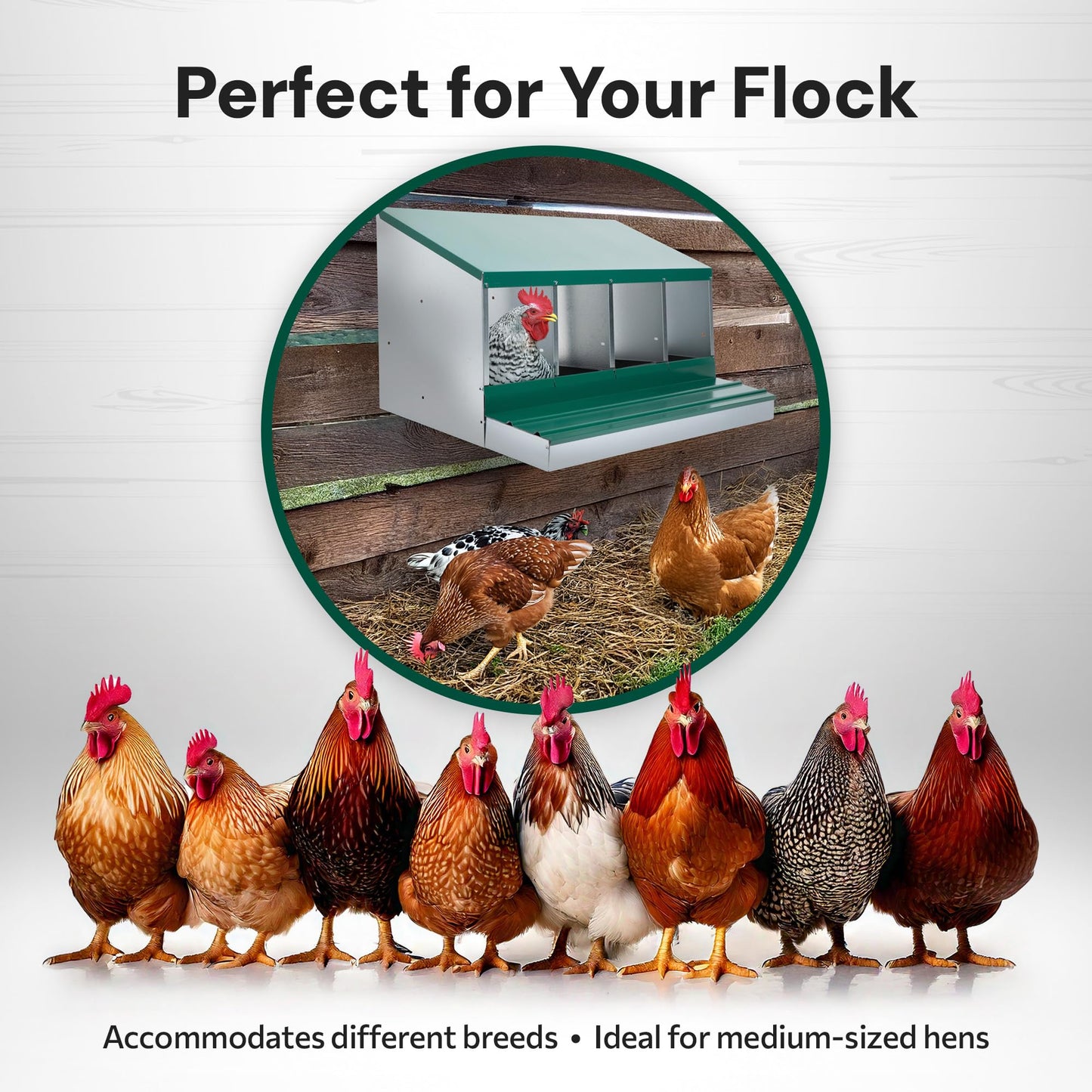Homestead Essentials Deluxe Metal 4 Compartment, Forward Rollout & Rollaway, Hen & Chicken Nesting Box with Universal Easy Access Protective Egg Laying Collection Lid