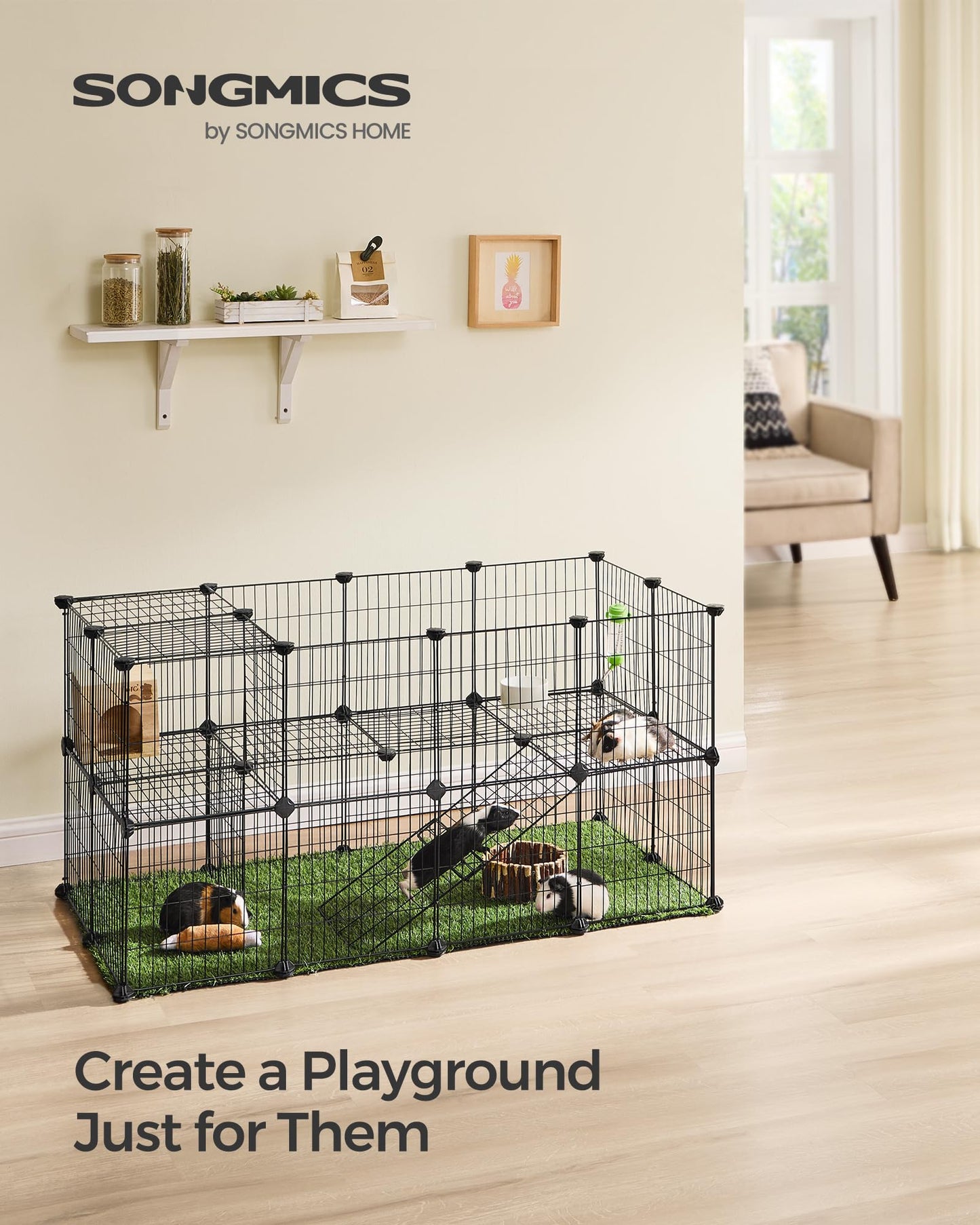 SONGMICS 36 Panels Pet Playpen, Small Animal Playpen, Rabbit Guinea Pig Cage, Zip Ties Included, Metal Wire Apartment-Style Two-Story Pet Premium Villa for Bunnies Puppies,Indoor Use, Black ULPI002B01