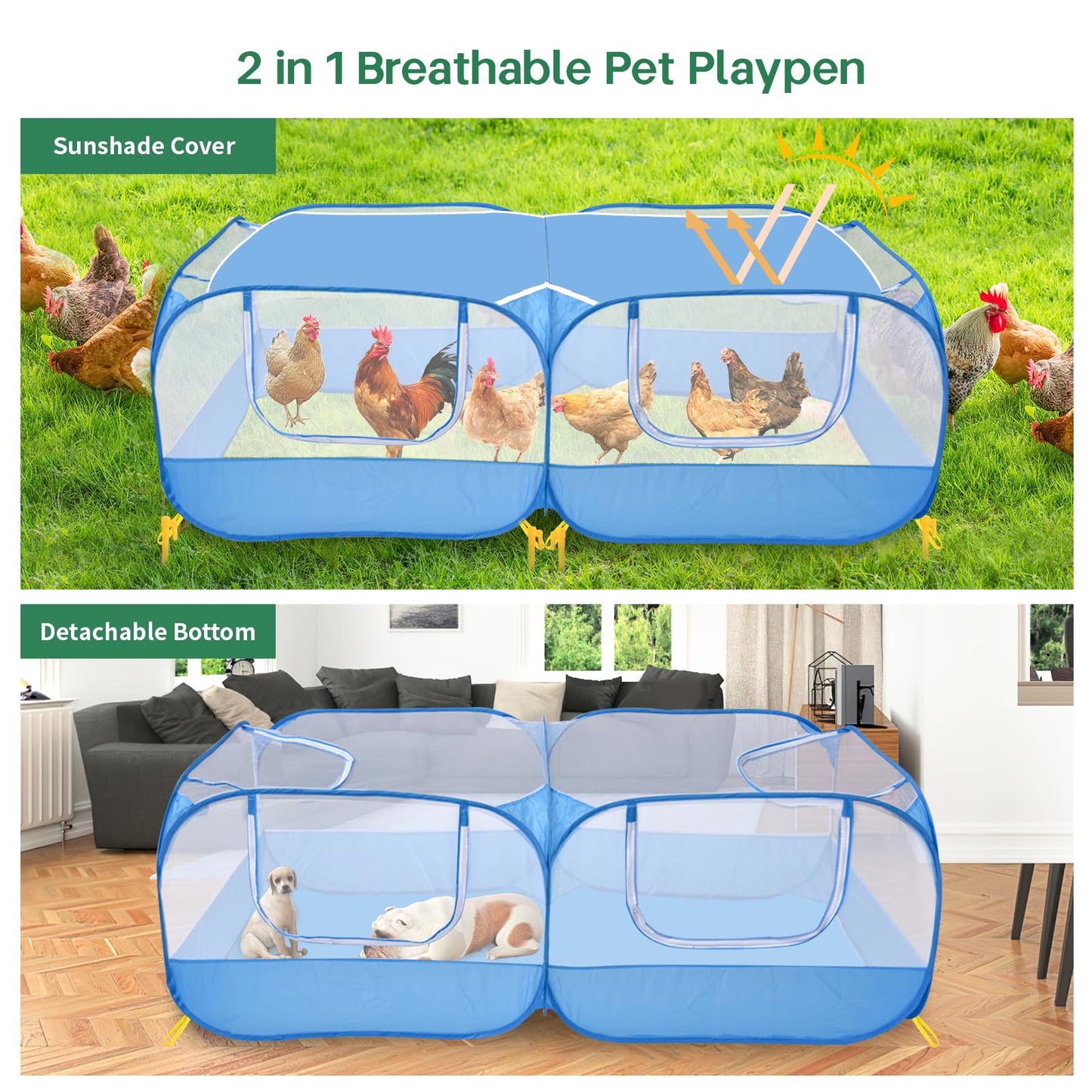 Jhua Pet Playpen for Small Animals, Portable Chicken Run with Detachable Bottom and Cover, Foldable Chicken Coop Indoor Outdoor Pet Pen with Transparent Mesh Walls for Chicken Duck Puppy Cat Rabbit