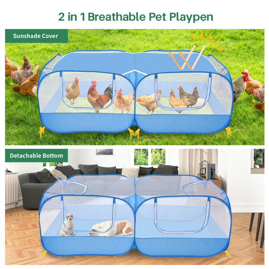 Jhua Pet Playpen for Small Animals, Portable Chicken Run with Detachable Bottom and Cover, Foldable Chicken Coop Indoor Outdoor Pet Pen with Transparent Mesh Walls for Chicken Duck Puppy Cat Rabbit