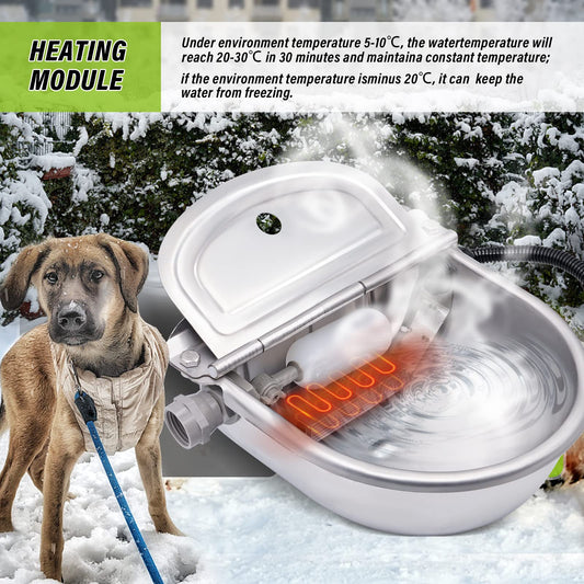 MINYULUA Automatic Heated Dog Water Bowl Stainless Steel Pet Thermal-Bowl Livestock Waterer Constant Temperature Dispenser for Dogs Cow Horse Pig Sheep Chicken Outdoor Drinking