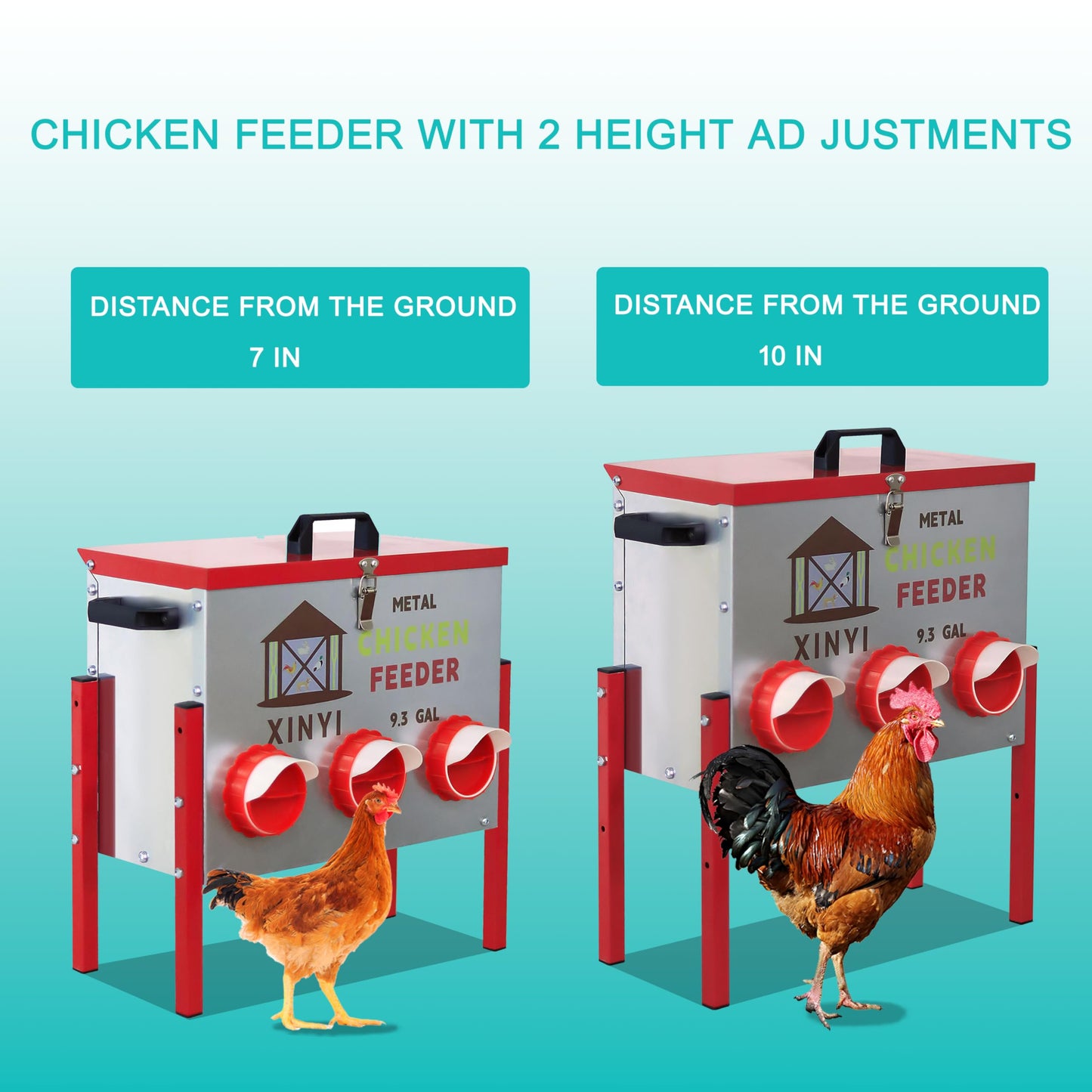 50 lb Automatic Chicken Feeder 6 Port, No Waste Poultry Pro Feeder with Legs, Rodent Proof Chicken Feeder, Weatherproof No Mess No Spill Galvanized Chicken Supplies 9.3 Gallon