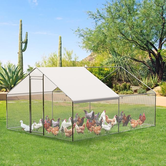 Large Metal Chicken Coop, 13.1ft Large Chicken Runs for Yard with Cover, Spire Roof Metal Chicken Coop with Lock for Outdoor, Backyard, Farm, Duck, Rabbit