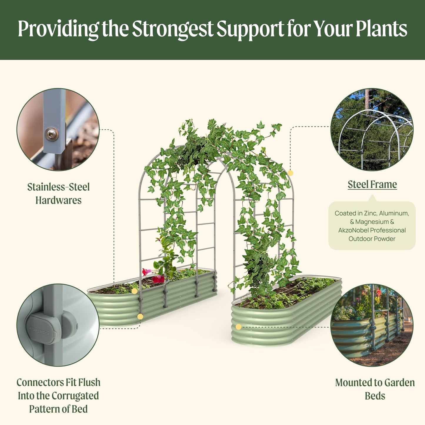 Vego Garden Modular Arched Trellis System Triple Section 5.5' Long Trellis for 4.0' x 8.0' (10 in 1) Garden Bed