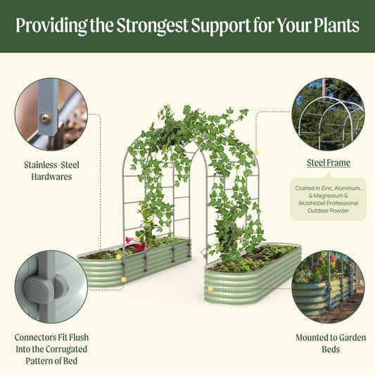 Vego Garden Modular Arched Trellis System Triple Section 5.5' Long Trellis for 4.0' x 8.0' (10 in 1) Garden Bed