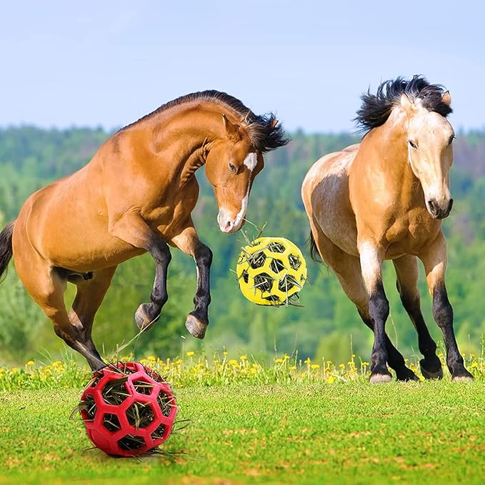Goat Feeder Hanging Feeding Toy,Horse Treat Hay Feeder Toy, Durable TPR Feeding,for Horse Goat Sheep Relieve Stress,Stretch-Resistant Design(2pcs,Red+Yellow)