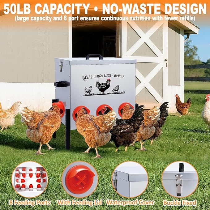 50LB Automatic Chicken Feeder–8 Feeding Ports No-Waste Galvanized Metal Chicken Feeder Box with Adjustable Legs & Locking Lid Poultry Feeder for Chickens,Ducks,Geese,Rust-Resistant