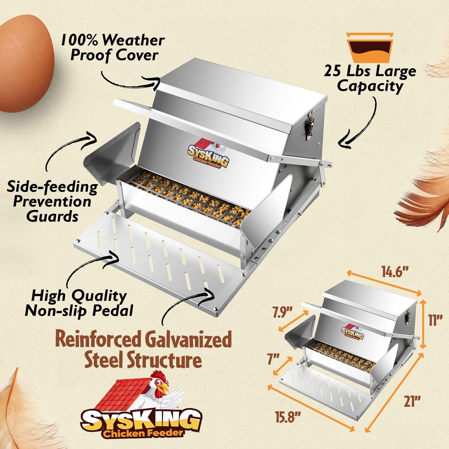SYSKING Automatic Chicken Feeder - Chicken Feeders No Waste, 25 LB Large Metal Treadle Rat Proof Poultry Feeder for 6-12 Chickens for 10 Days, Weatherproof Lid, Galvanized Steel