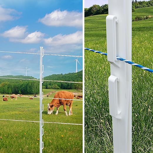 25 Pack Electric Fence Posts, 48 Inch Plastic Step in Fence Post, Temporary Fence Posts for Farm Protection and Livestock, White