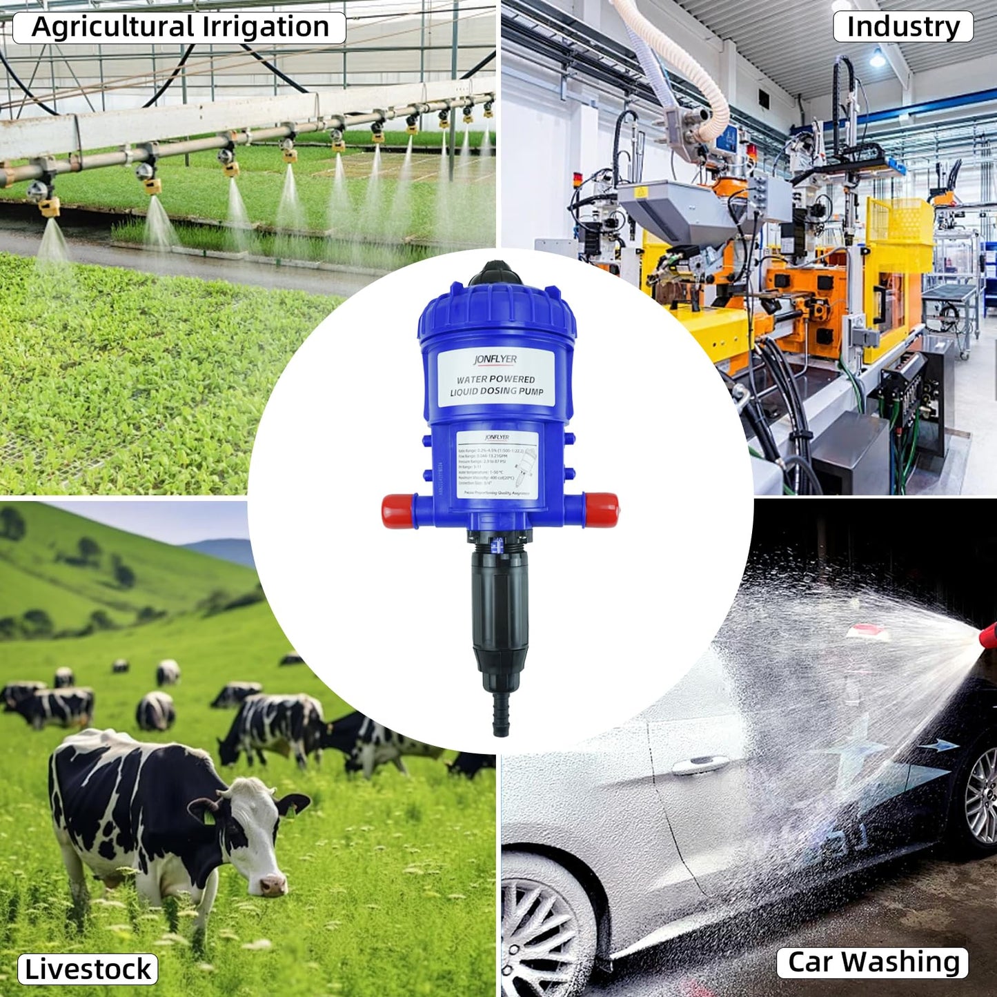 JONFLYER GEN Ⅱ 0.2-4.5% Fertilizer Injector Automatic Chemical Liquid Dosing Pump,13.21GPM,POM Housing,Water Powered Liquid Dispenser for Drip Irrigation Garden Greenhouse Livestock Water Well