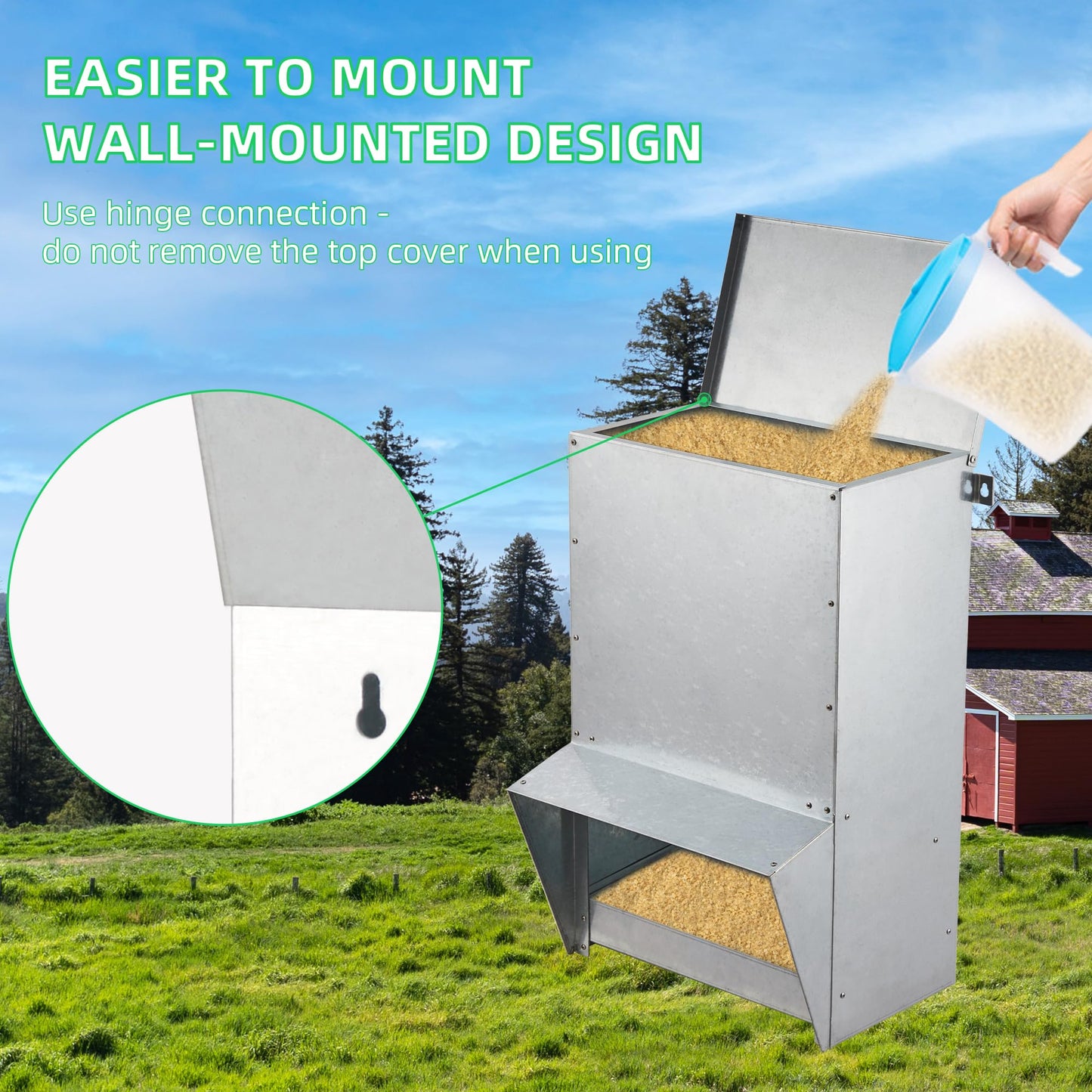 Domenow Galvanized Chicken Treadle Feeder, Poultry Feeder, 50lbs Automatic Chicken Feeder with Sides Buffer System, for 30-40 Chickens