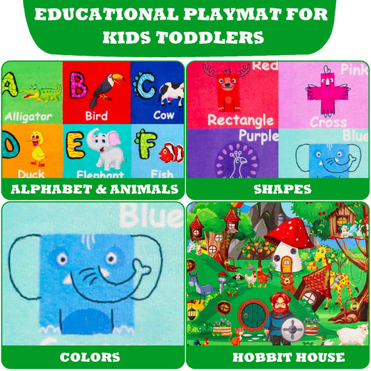 ABC Kids Rug for Playroom 78.7"×59" Hobbit House Educational Kids Playmat Alphabet Animal & Shape Learning, Premium Non-Slip Playmat for Toddlers Letters Farm Animals Color Foam Classroom Carpet