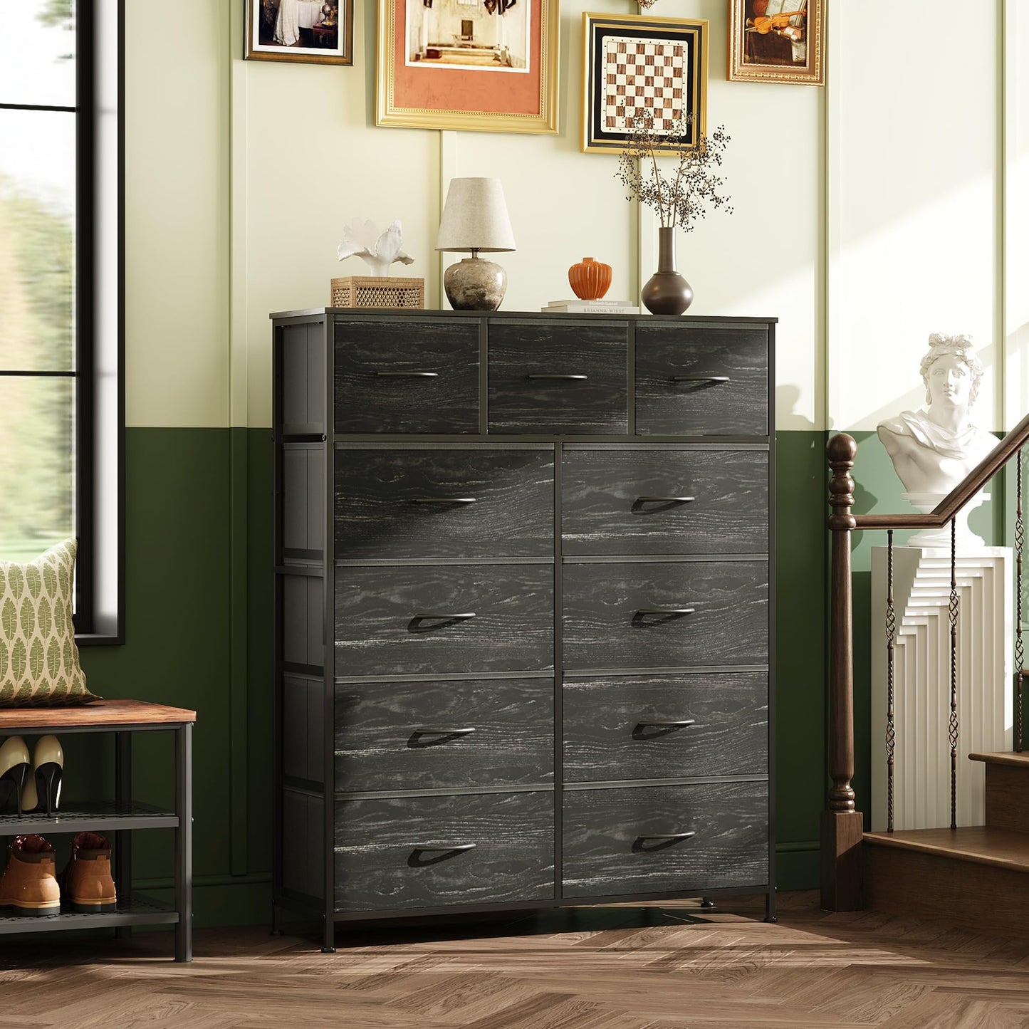 WLIVE Storage Organizer Unit with 11 Fabric Bins, Storage Drawers Organizer with Steel Frame, Tall Storage Tower Organizaton for Living Room, Hallway, Office, Charcoal Black Wood Grain Print