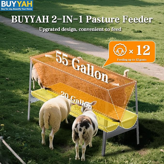 5 Ft Pasture Feeder, 75 Gallon Capacity Livestock Feeder with Deeper Feeding Pan, All Steel Frame, Easy to Assemble and Carry, Feeding Goats, Sheep and Miniature Horses, for Farms, Sheep Sheds