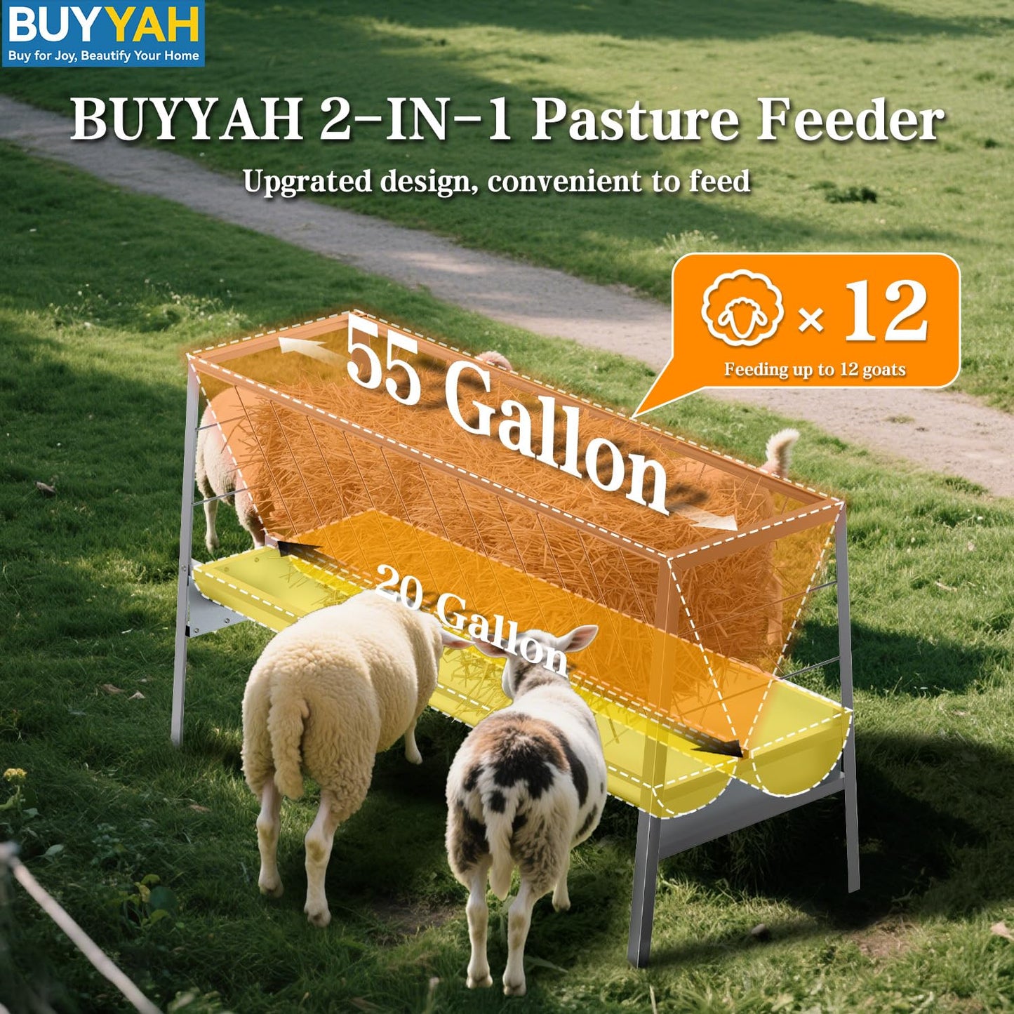 BUYYAH 5 Ft Pasture Feeder, 75 Gallon Capacity Livestock Feeder with Deeper Feeding Pan, All Steel Frame, Easy to Assemble and Carry, Feeding Goats, Sheep and Miniature Horses, for Farms, Sheep Sheds