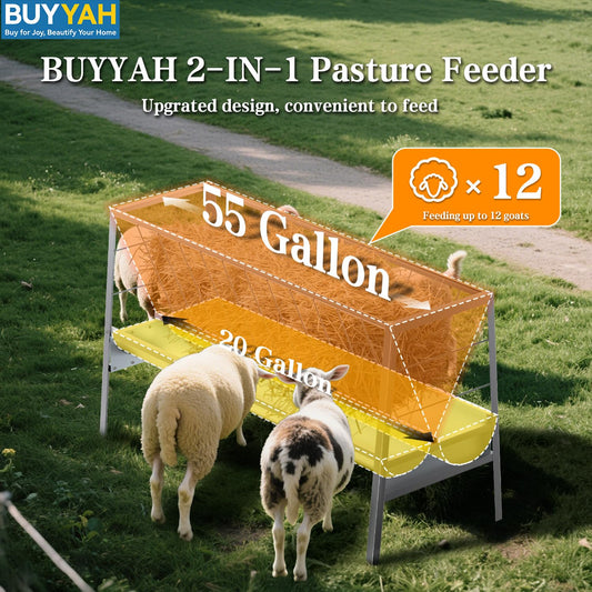 BUYYAH 5 Ft Pasture Feeder, 75 Gallon Capacity Livestock Feeder with Deeper Feeding Pan, All Steel Frame, Easy to Assemble and Carry, Feeding Goats, Sheep and Miniature Horses, for Farms, Sheep Sheds