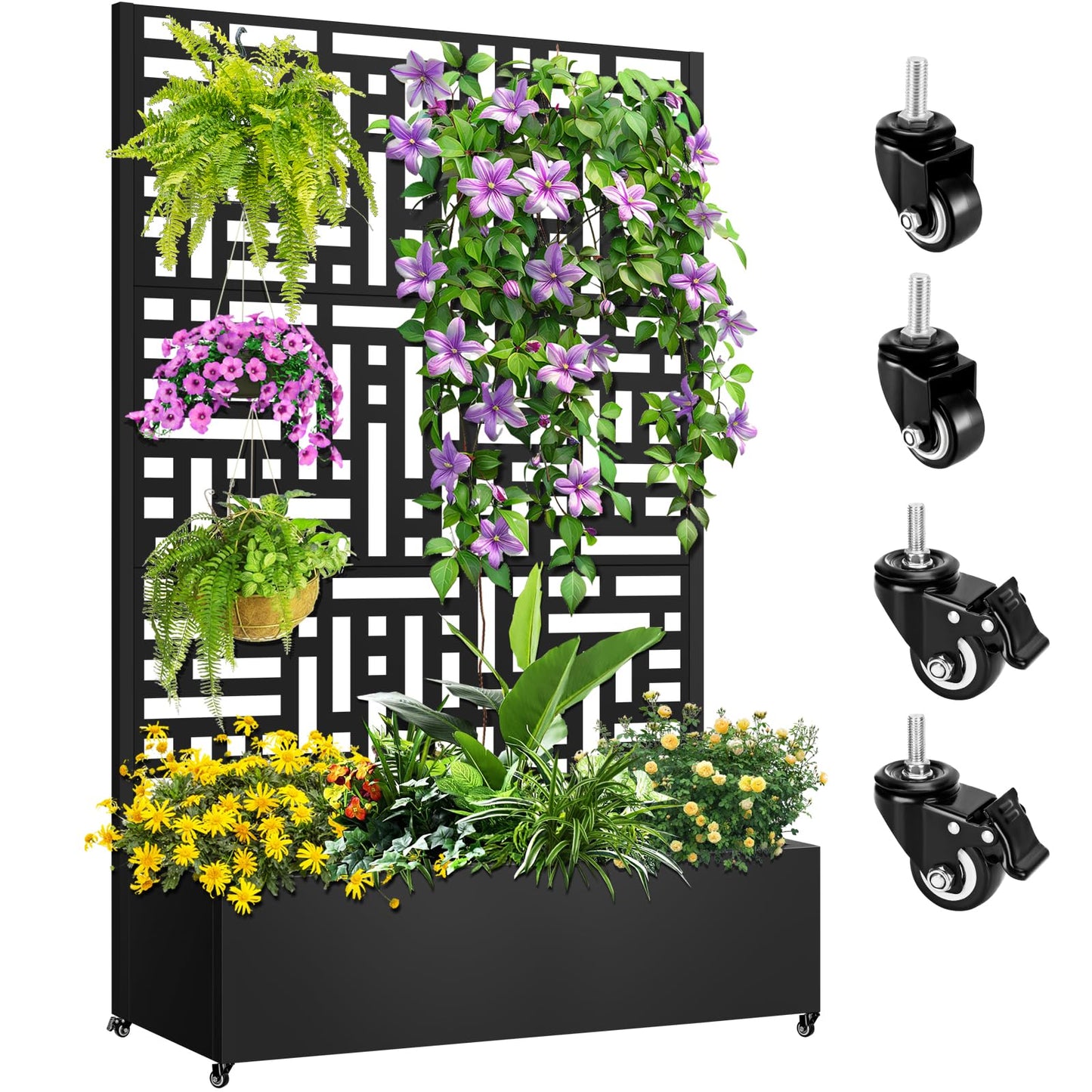 Meyoppm Metal Planter Box with Trellis, 72"x47"x16" Metal Raised Garden Bed with Trellis, Trellis Planter Box with Drainage Holes & Lockable Casters for Climbing Plants, Vegetables, and Vines