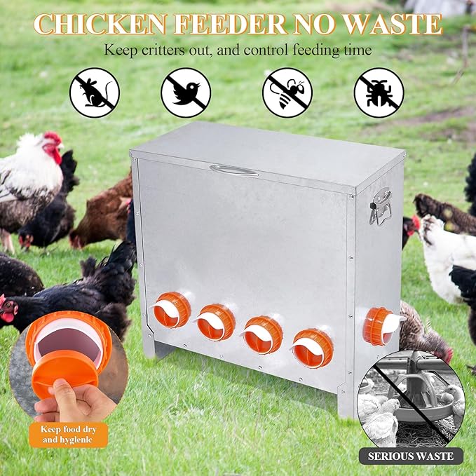 Automatic Chicken Feeder No Waste Large Capacity 85lbs 10-Ports Metal Poultry Feeder with Pull Handle for Chickens Geese Ducks Poultry Coop Weatherproof Design