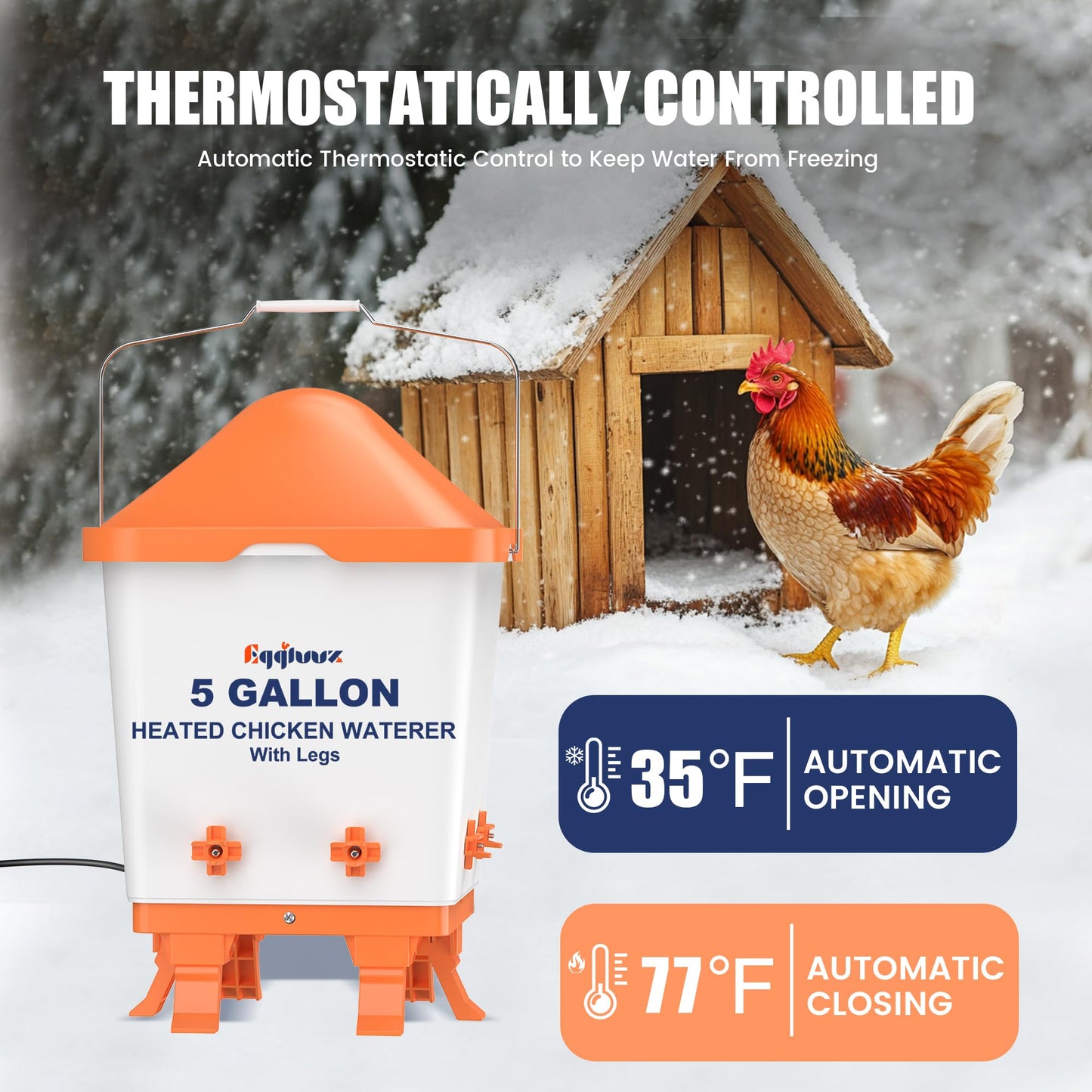 Eggluuz Heated Chicken Waterer 5 Gallon Thermostatically Controlled Poultry Water Heater with 8 Horizontal Nipples for Winter