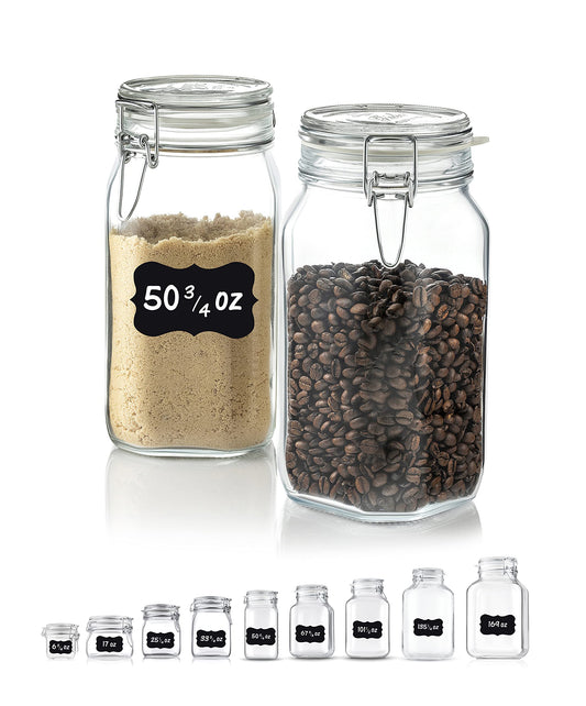 Bormioli Rocco - Food Storage Container - Glass Fido Jars - Hermetic Sealed Hinged Airtight Lid for Fermenting, With Paksh Chalkboard Labels 50 3/4 Ounce (1.5 Liter)