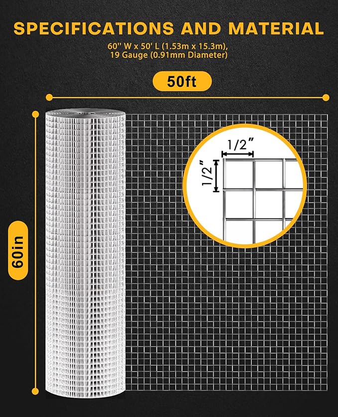 1/2 inch 60'' x 50' Hardware Cloth Square Openings - 19 Gauge Hot-Dip Galvanized Wire Mesh, Welded Cage Wire Rolls Great for Animal Enclosure Chicken Coop Flower Beds Rabbits Wire Fencing