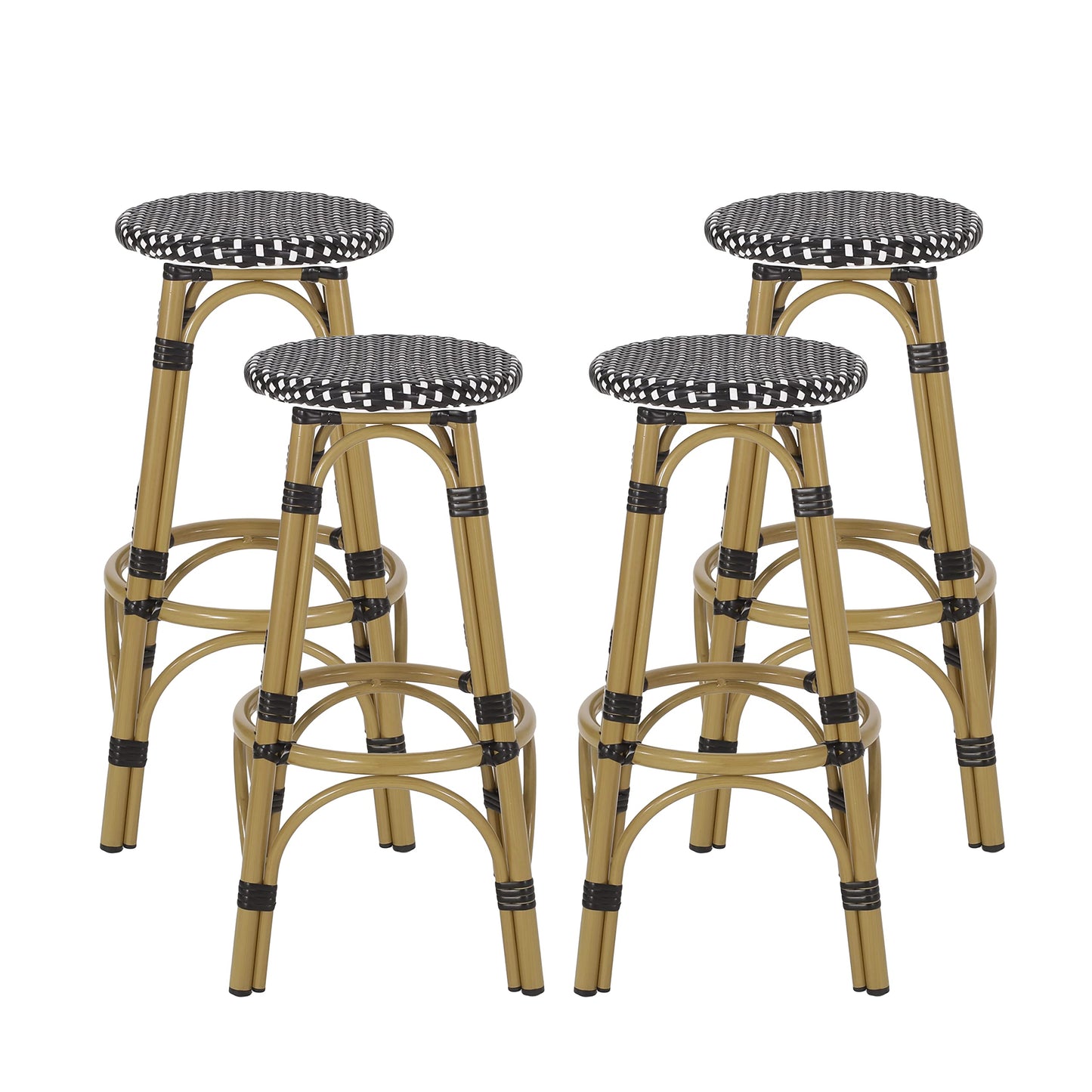 Christopher Knight Home Starla Outdoor 29.5 Inch Barstools - Aluminum and Wicker - Black/White/Bamboo Finish (Set of 4)
