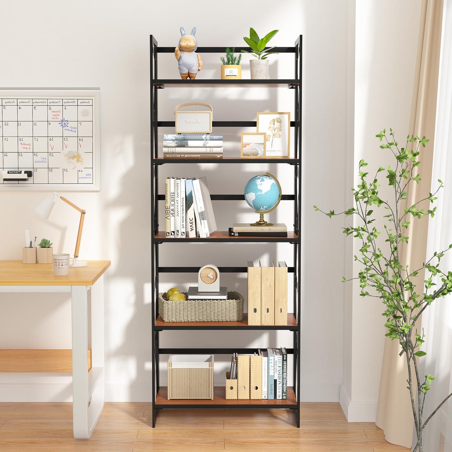 VECELO 2 Set Folding Bookshelf 5-Tier,Industrial Metal Frame & Wood Shelves,Foldable Bookcase No Assembly Free Standing Storage Organizer for Living Room,Office,Bedroom