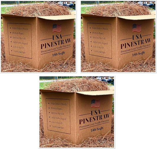 USA Pine Straw - Premium Pine Needle Mulch (Long Needle - 240 Sqft - New Bigger Box 3 Set)