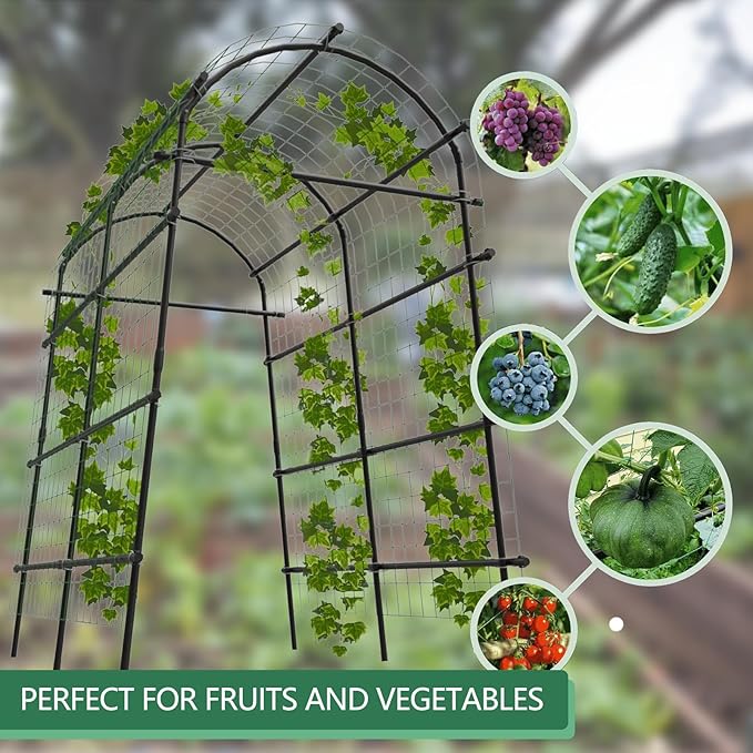 7.5FT Garden Arch Trellis with Netting, Heavy Duty Metal Climbing Plant Support, Adjustable 35''-45'' Wide Pergola Arbor for Vines, Flowers & Outdoor Wedding, Black