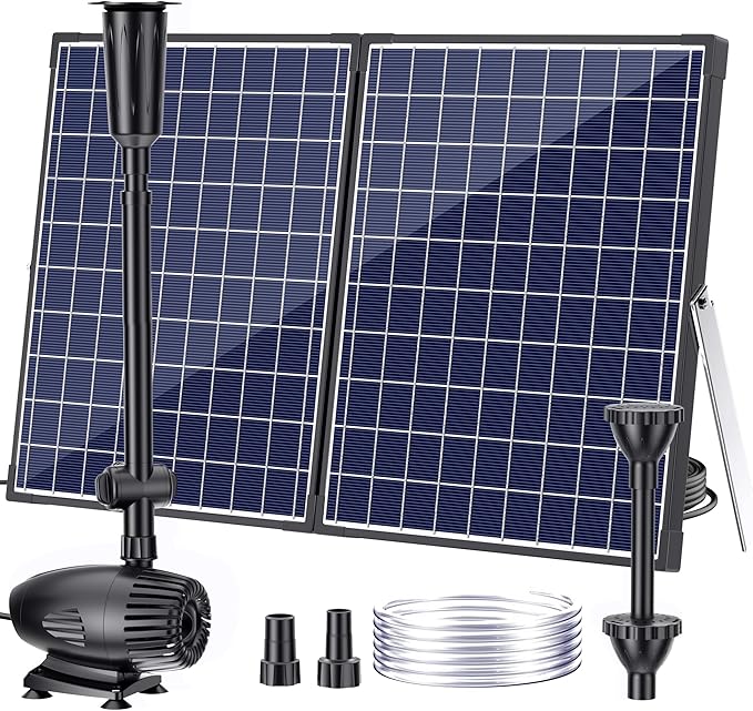 POPOSOAP 55W Solar Water Pump, Solar Water Fountain with Water Shortage Protection, Solar Pond Pump Water Flow Adjustable with PVC Tubing, 17Ft +10Ft Cord for Ponds, Garden, Waterfall, Hydroponics