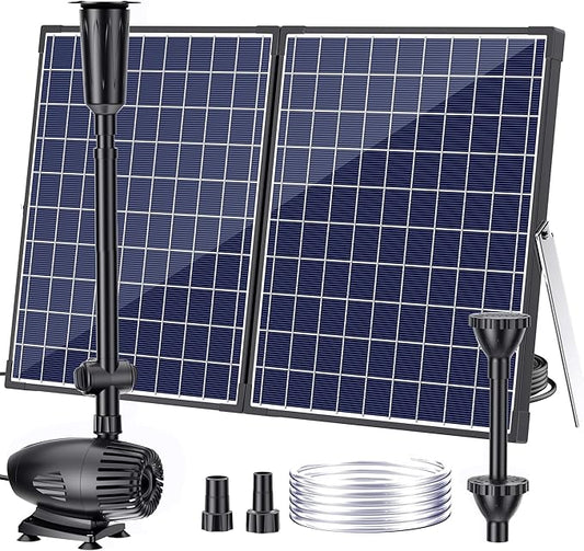 POPOSOAP 55W Solar Water Pump, Solar Water Fountain with Water Shortage Protection, Solar Pond Pump Water Flow Adjustable with PVC Tubing, 17Ft +10Ft Cord for Ponds, Garden, Waterfall, Hydroponics