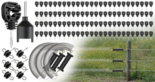 12PCS Electric Fence Gate Kit, 3 Sets Electric Fence Spring Gate Handles Kit +100 pcs Multi Purpose Black Electric Fence Insulators