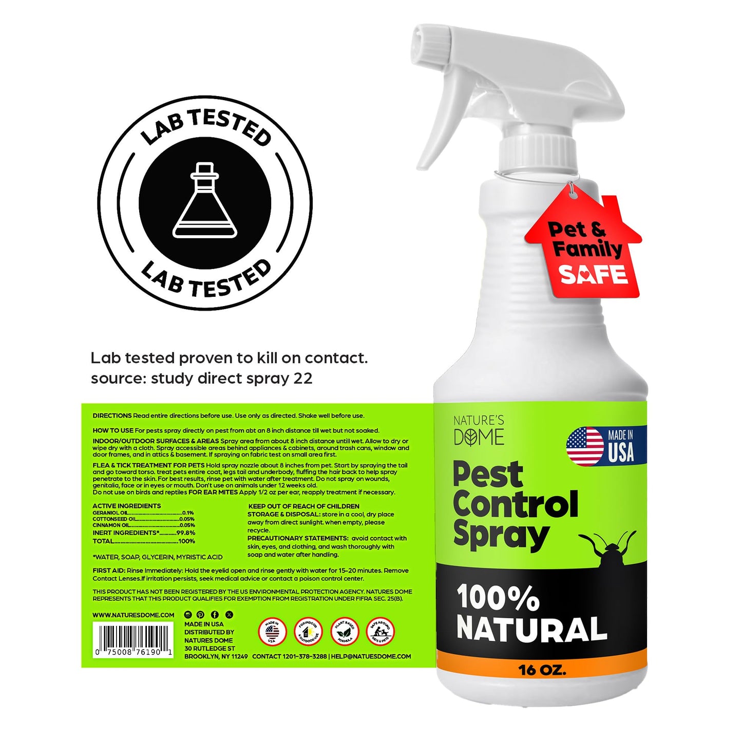 Nature's Dome Eco-Friendly Lab Tested – 16 oz – Pest Control - Insect, Spider, Fly, Flea, Ticks, Ant Spray Safe for Pets and Kids 100% Natural – Fast-Acting, for Indoor & Outdoor Use