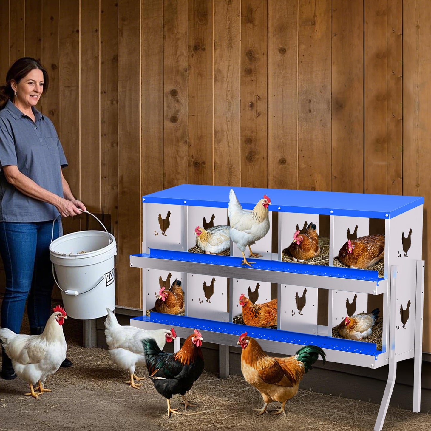 Garvee Chicken Nesting Box with Removable Tray, 10 Compartment Nesting Boxes for Chickens, Easy to Clean and Install, Chicken Laying Boxes for Chicken Coop to Protect Eggs - with Bracket Legs, Blue