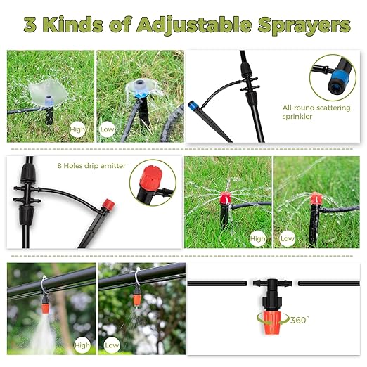 JAYEE 130FT Drip Irrigation Kit - Garden System With Nozzle Emitters, Tubing and Parts - Automatic Watering for Potted Plants, Greenhouse, Lawn
