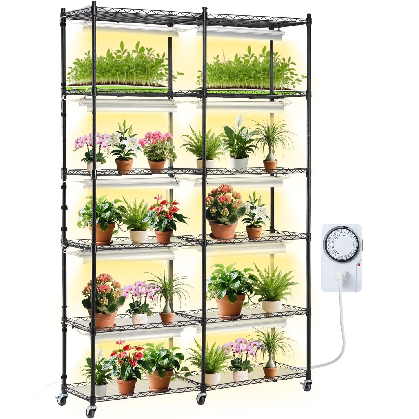 VEVOR Plant Stand with Grow Light, 6-Tier Large Tall Plant Shelf with 3000K 200W Full Spectrum Grow Light, Indoor Grow Light Shelf with Timer and Wheel for Seed Starting 47.2" L x 13.8" W x 70.8" H