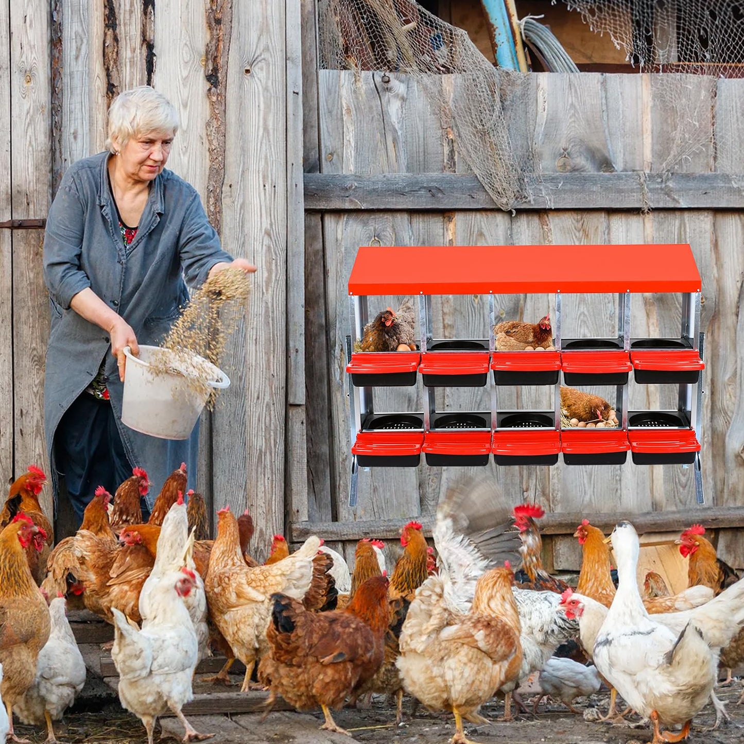 Chicken Nesting Box, 2-Tier Chicken Laying Boxes for Hens, 10 Compartments Chicken Laying Box, 10 Room Metal Nesting Boxes for Chicken, Roll Away Nest Box with Lid Cover to Protect Eggs, 10 Hole, Red