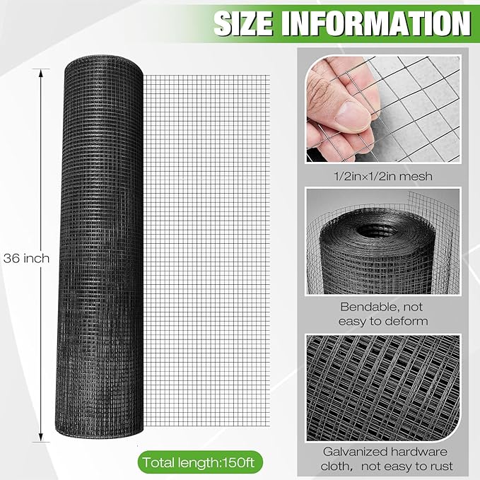Tatuo 36in x 150ft Hardware Cloth Hot Dip Galvanized After Welded Cage Mesh Rolls 1/2 Inch Metal Chicken Wire Mesh Roll Wire Fencing Poultry Netting for Raised Garden Rabbit Rodent Animals(Black)