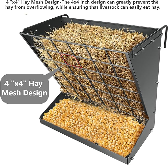 Wall Mount Hay Rack, Heavy-Duty Galvanized Metal 2 in 1 Hay and Grain Feeder, Livestock Feeder with Adjustable Distance, Hay Feeder for Goats, Sheep, Horse
