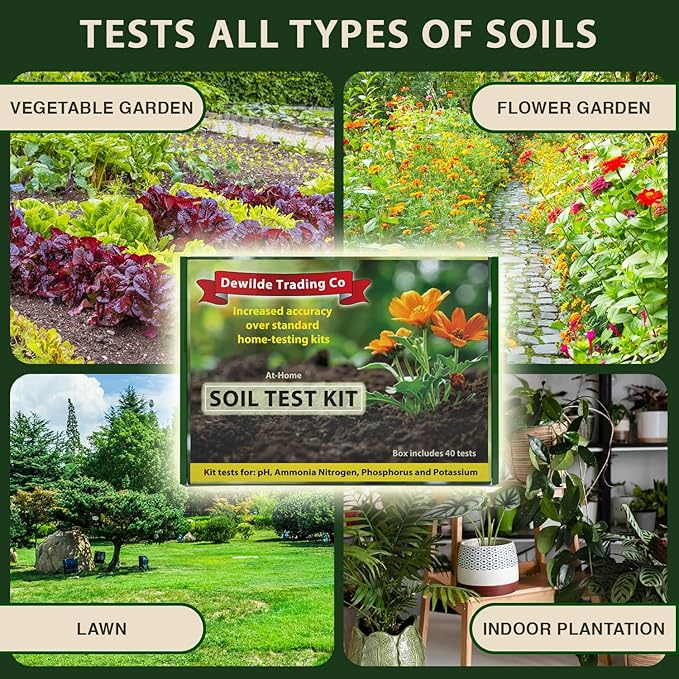 Premium Soil Test Kit: 40 Complete Tests for Lawns, Gardens, and Vegetables. Tests for Ammonia Nitrogen, pH, Phosphorus, and Potassium.
