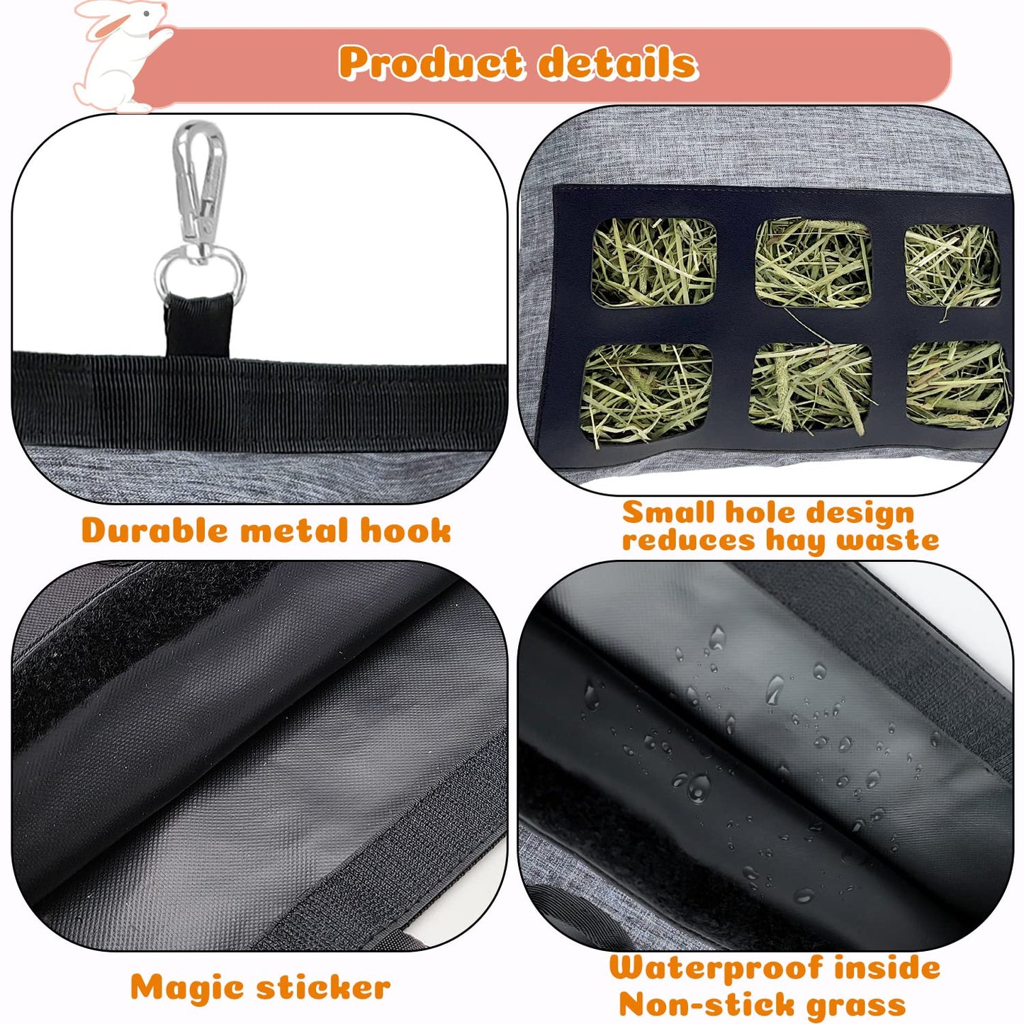Rabbit Hay Feeder Bag, Upgraded Bunny Guinea Pig Hay Feeder, 600D Oxford Fabric Hay Holder for Small Animal Rabbit Guinea Pig Chinchilla Cage