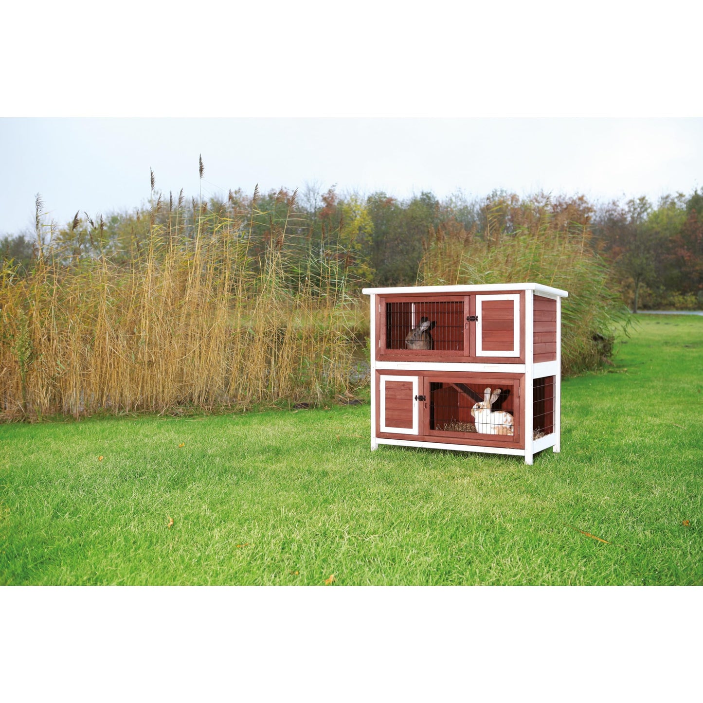 TRIXIE natura Outdoor Double Rabbit Hutch - Indoor Small Animal House, Bunny Cage with Two Sleeping & Play Areas - Includes a Non-Slip Ramp Hinged Roof & Two Pull-Out Trays - in Auburn