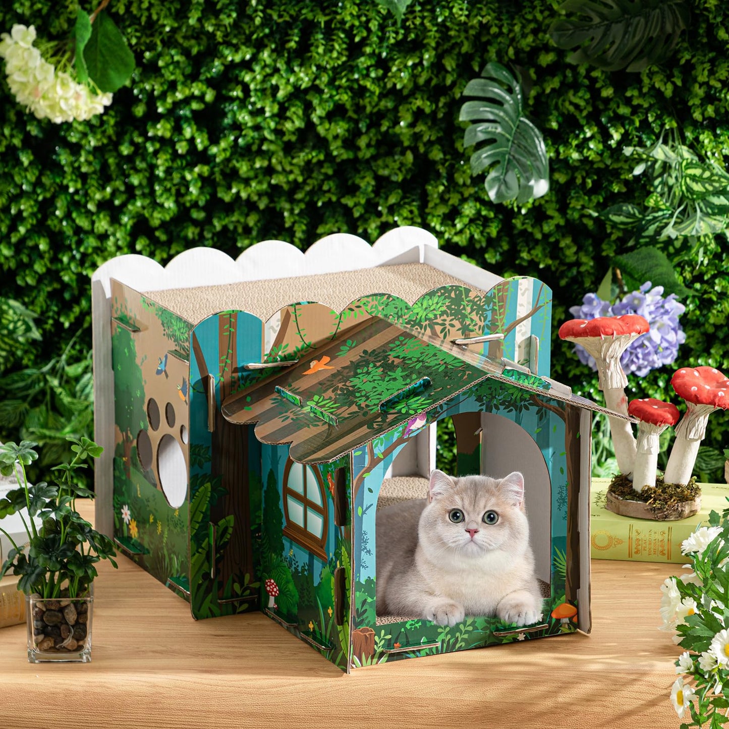 Lineshading Multi Level Cardboard Cat House with 3 Scratchers Forest Theme Large Sturdy Cat Villa 17"x12"x10" Cute Pet Condo Beds Toys Hideout for Bunny Small Animals Birthday Forest Theme Party