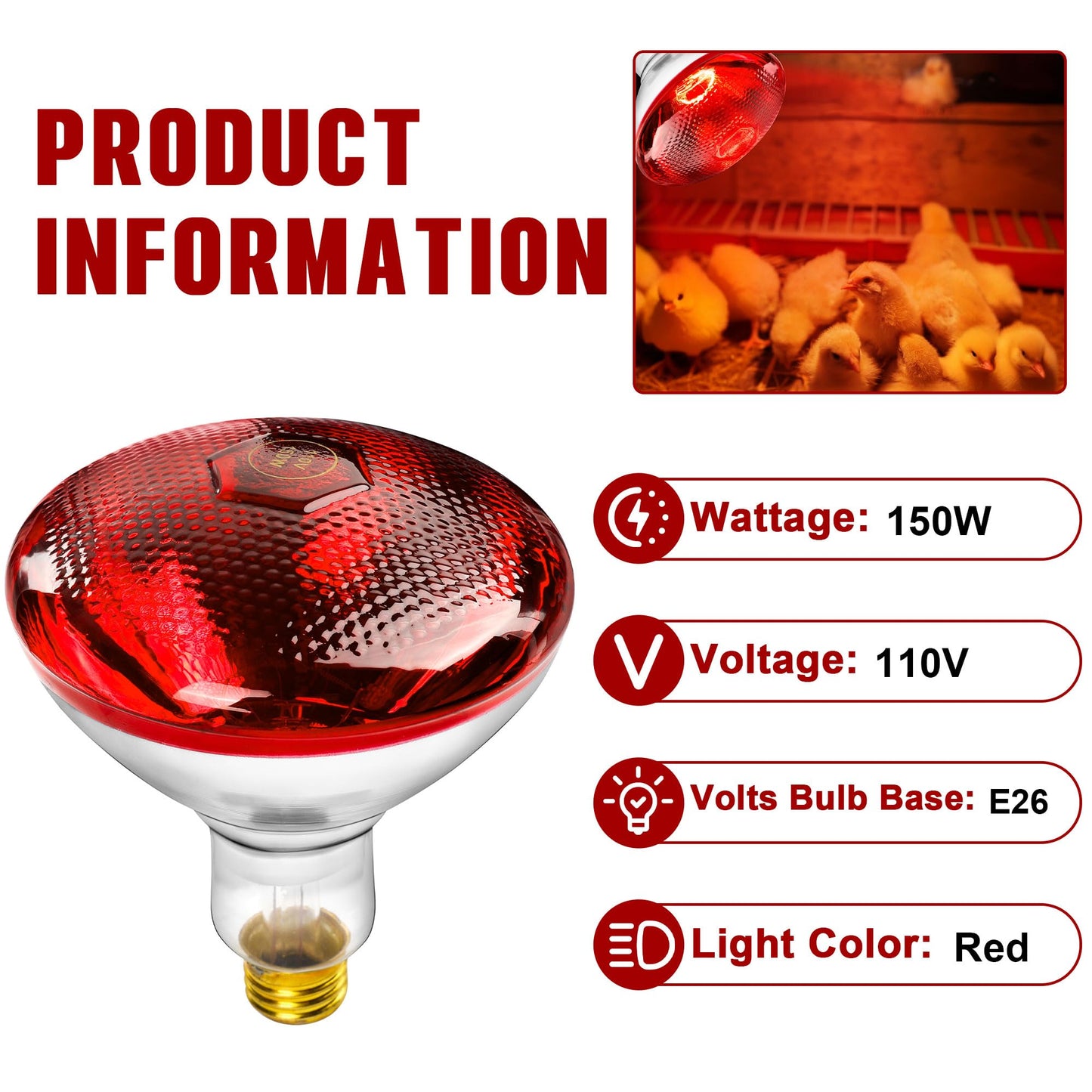ROVOCLO Heat Lamp for Chickens,150W Red Heat Lamp Infrared Light Bulb for Chicks,Chicken Coop