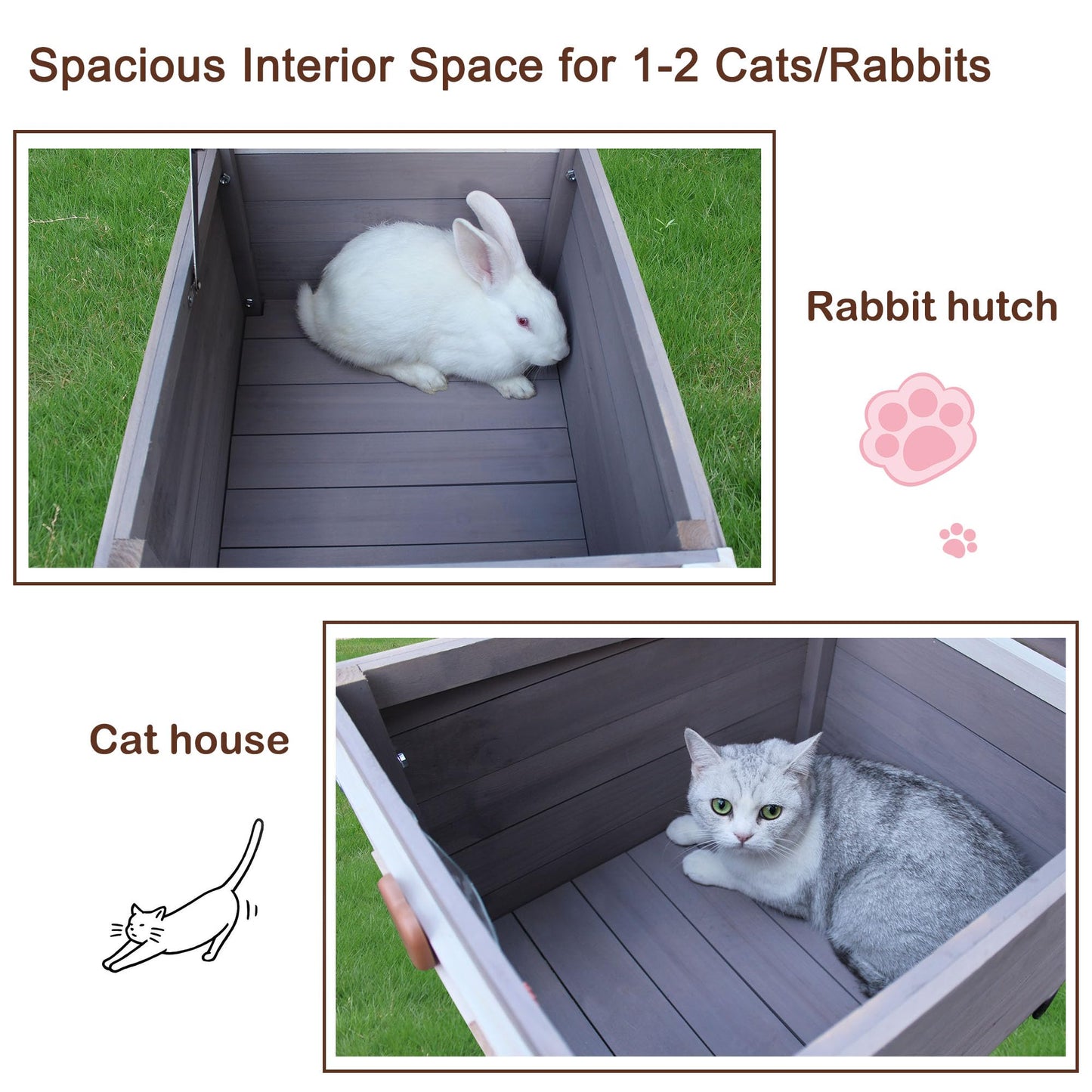 Rockever Outdoor Cat House,Outdoor cat Houses for Feral Cats Weatherproof Rabbit Hutch Small, Wooden Small Pet House and Habitats-Grey