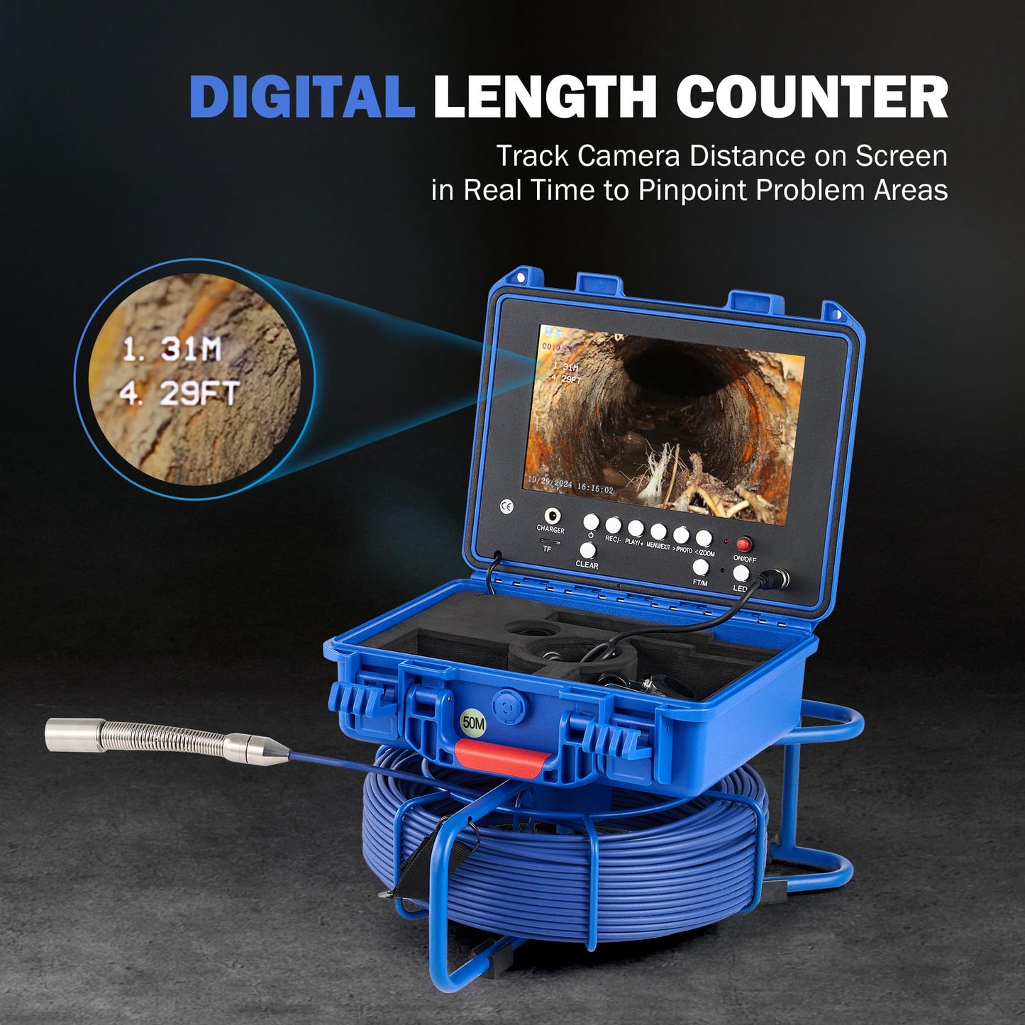 ZELCAN Self-Leveling Sewer Camera with Locator, Drain Camera 165FT with 9 in. LCD Screen, Waterproof IP68 Borescope Plumbing with 12 LED Lights, with 512Hz Transmitter and Receiver(32GB Card)