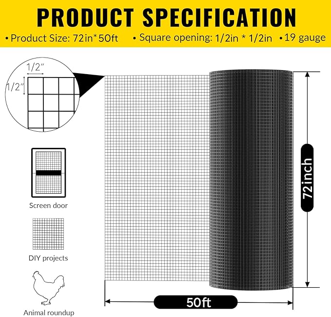 Hardware Cloth 1/2 inch 72 x 50 ft Heavy Duty Black Chicken Wire Fencing 19 Gauge Vinyl Coated Welded Wire Mesh Roll PVC Hardware Cloth Chicken Wire Fencing Garden Fence Tree Guard