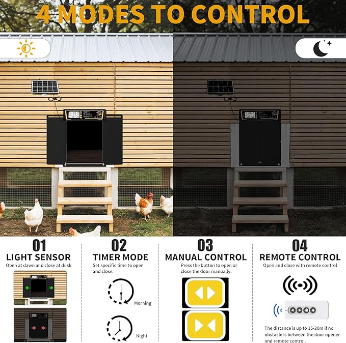 Large Automatic Chicken Coop Door Solar Powered, Charge with 7W Solar Panel Auto Chicken Door, Aluminum Electric Poultry Door with Time & Light Sensor, Remote Control