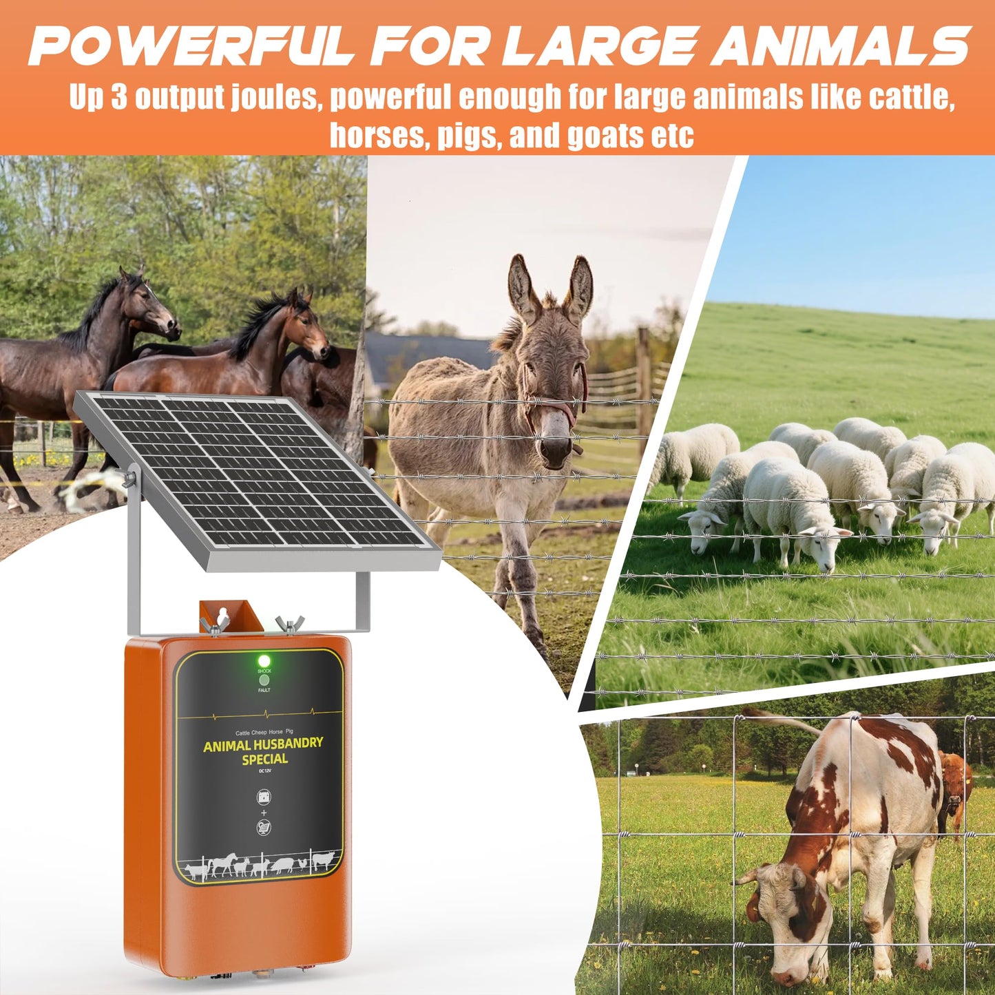 10-Mile Livestock Electric Fence, 12W Solar Panel Fast Charging,24-Hour uninterrupted Discharge to Drive Away Wild Animals, Built-in Large-Capacity Battery, can Last for X Hours (Orange Color)