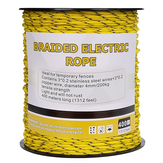 Electric Fence Braided Polyrope 1312 Feet, Portable 6 Braided Copper and stainlee Steel Strength 200kg,4mm Diameter, Reliable Conductivity and Rust Resistance, Electric Fence Wire for Horse Fencing